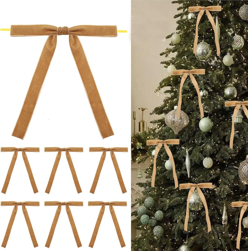 Pwiuor 30 Pcs Brown Velvet Christmas Tree Bows Decorations, Vintage Velvet Ribbon Bows with Twist Tie for Wreath Garland Gift Wrapping Indoor Outdoor Decor - Image 1